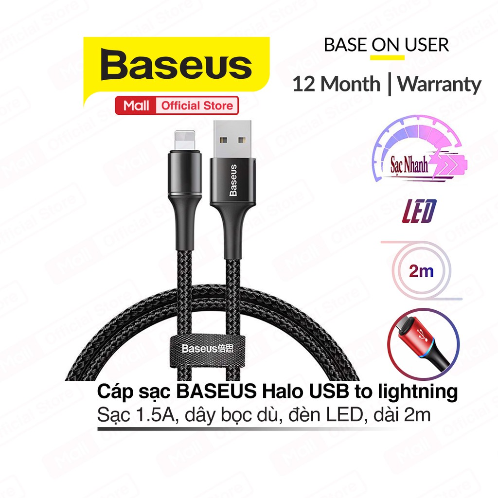 Cáp sạc BASEUS Halo Data USB to Lightning dành cho iPhone/iPad sạc nhanh 1.5A dài 200cm, dây bọc dù, có đèn LED khi sạc