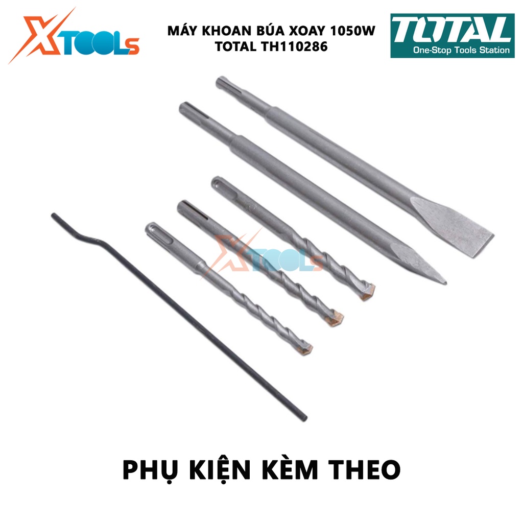 Máy khoan búa cầm tay 1050w TOTAL TH110286 tốc độ 9000rpm; tốc độ đập 4000bpm, khả năng khoan bê tông 28 mm, đục 14mm, k