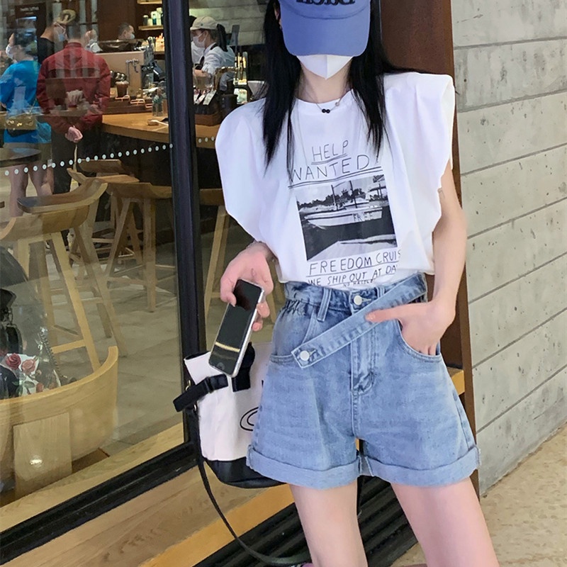 Quần Short Denim Ống Rộng Lưng Cao Thời Trang Dành Cho Nữ