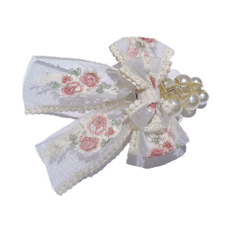 Kẹp Tóc Nơ Lớn Thêu Họa Tiết Hoa Hồng Phối Ren Xinh Xắn Thời Trang