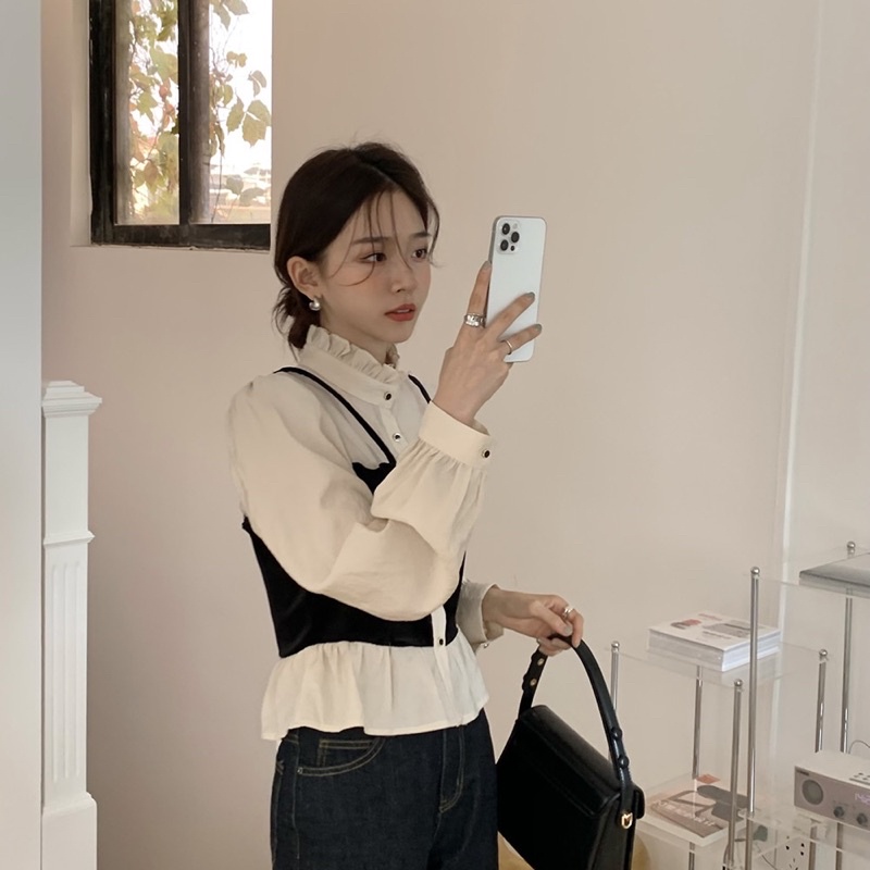[Mã FAMARAL1 giảm 10k đơn 50k] Áo sơ mi phối nhung đen cổ xếp ly