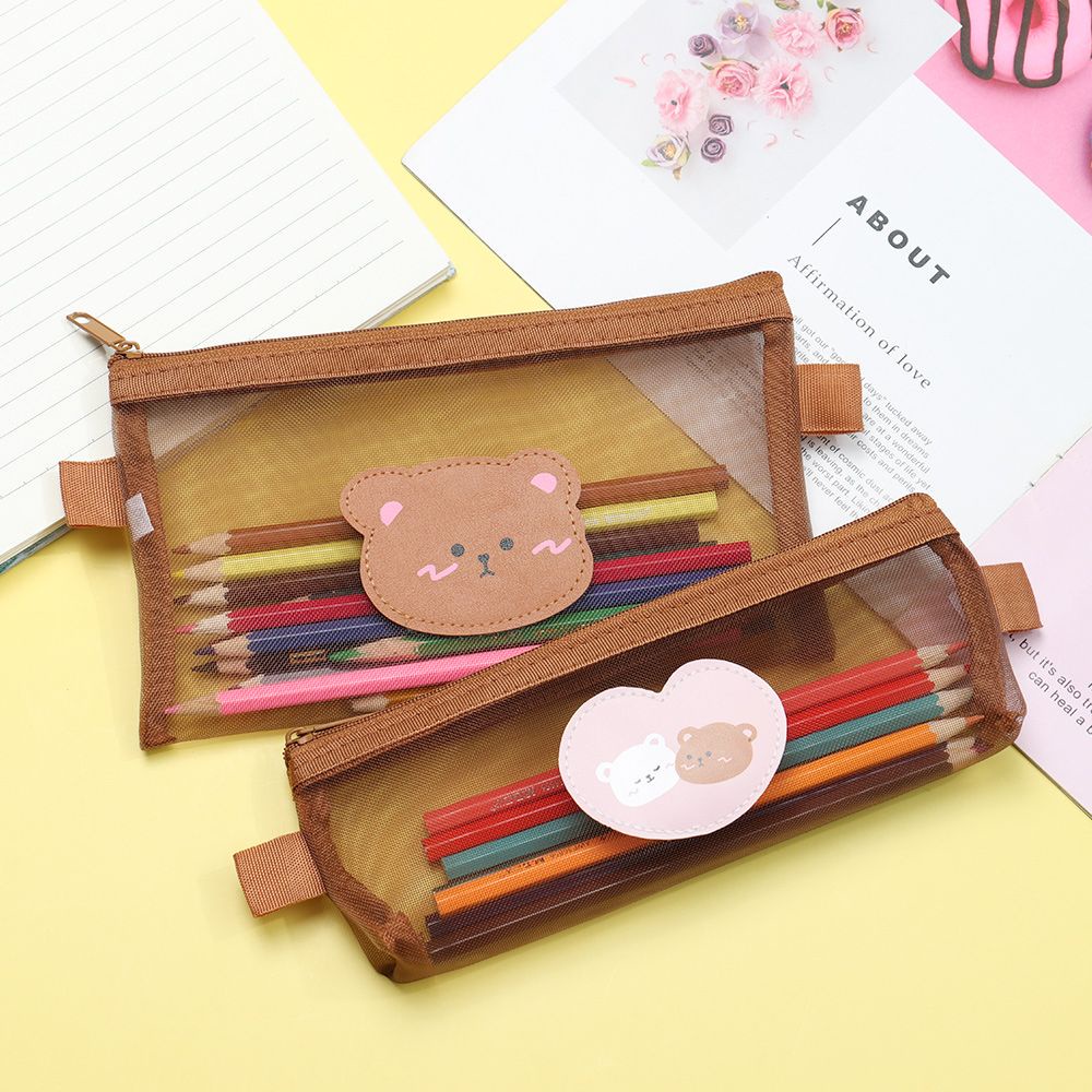 FASHYUNER Túi lưới đựng bút trong suốt sức chứa lớn phong cách gấu nâu dễ thương cho học sinh