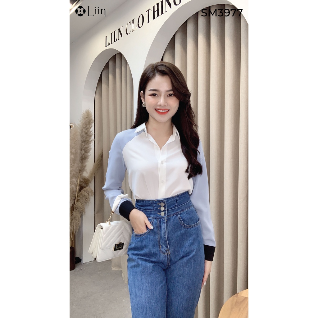 Áo sơ mi chất vải đũi màu trắng tay xanh thiết kế trẻ trung, thanh lịch  Liin Clothing SM3977