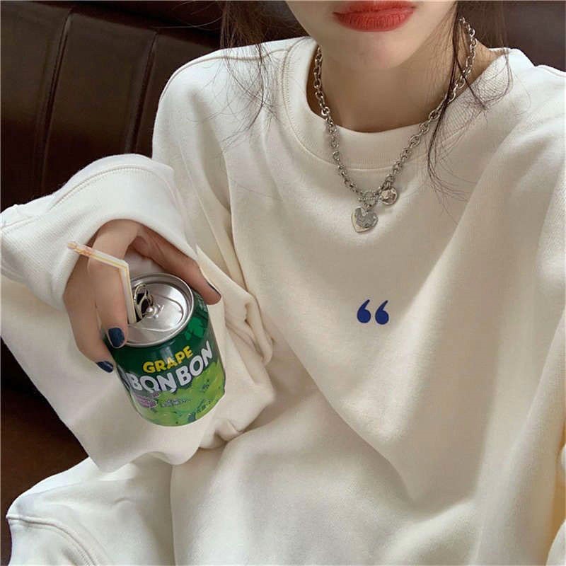 LEEVA - Áo sweater trơn nữ phối kí tự vải nỉ bông mềm A182