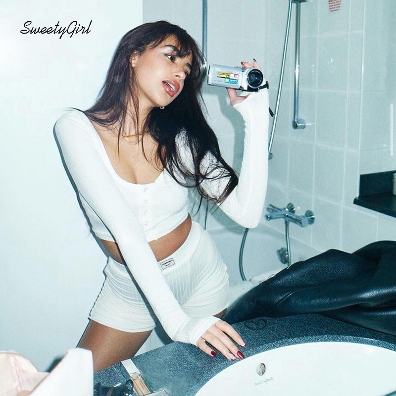 Bộ Đồ Thời Trang 2022 Áo Tay Dài Cổ Tròn Cài Khuy Phối Quần Lưng Cao Màu Trơn Xinh Xắn Cho Nữ