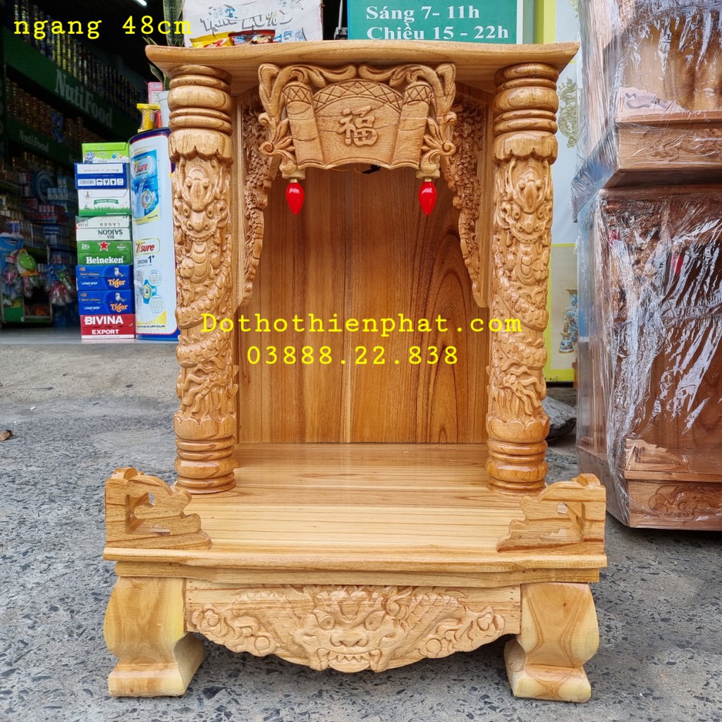 Bàn thờ thần tài ông địa gỗ xoan ngang 48 x 68 quỳ trụ