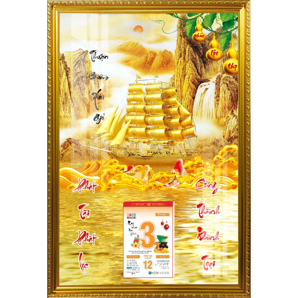 Lịch Gỗ Phù Điêu Khung Vàng Cao Cấp Treo Tường Laminate Tráng Gương 2023 (45 x 65cm) - Thuận Buồm Xuôi Gió