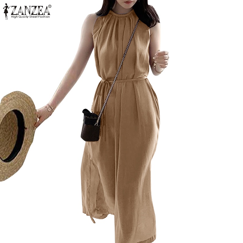 Đầm maxi ZANZEA cổ tròn không tay thiết kế xẻ tà eo cao phong cách vintage thời trang dành cho nữ