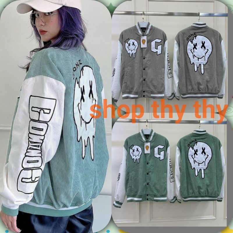 Áo khoác bomber kaki nhung gân unisex in hoạ tiết phối màu kiểu áo bóng chày phong cách hàn