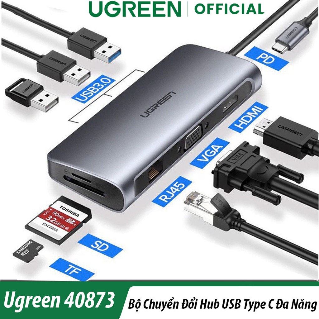 Thiết Bị Chuyển Đổi USB Type-C đến HDMI,VGA ,USB 3.0,Lan Gigabit,TF/SD Ugreen 40873 Chính Hãng