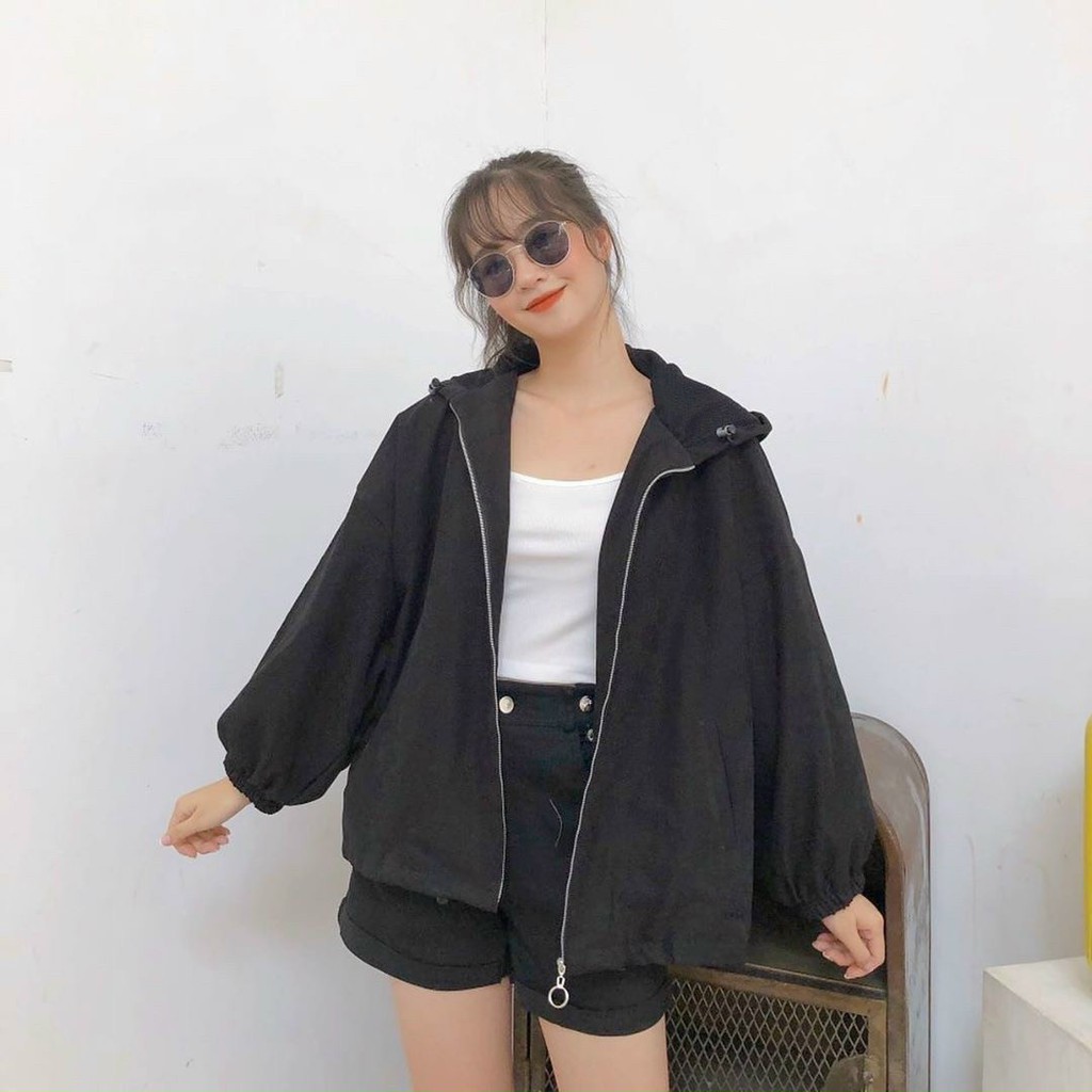 ÁO KHOÁC RoundLock Tay Bồng Nữ BASIC :cherry_blossom: Jacket Kaki khóa tròn form rộng bigsize màu ĐEN | BE - NÂU Ulzzang