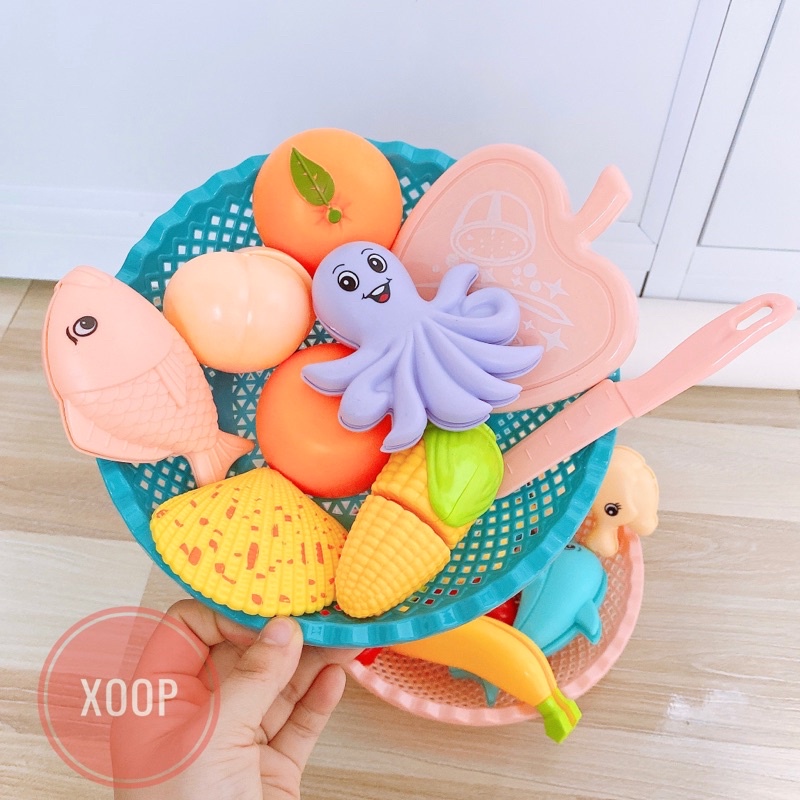 Rổ đồ chơi hoa quả và sinh vật biển nhiều màu sắc đáng yêu cho bé