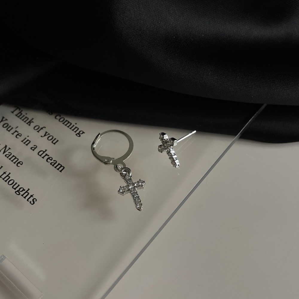 Hoa Tai Mạ Bạc 925 Hình Chữ Thập Đính Đá Phong Cách Retro Hàn Quốc