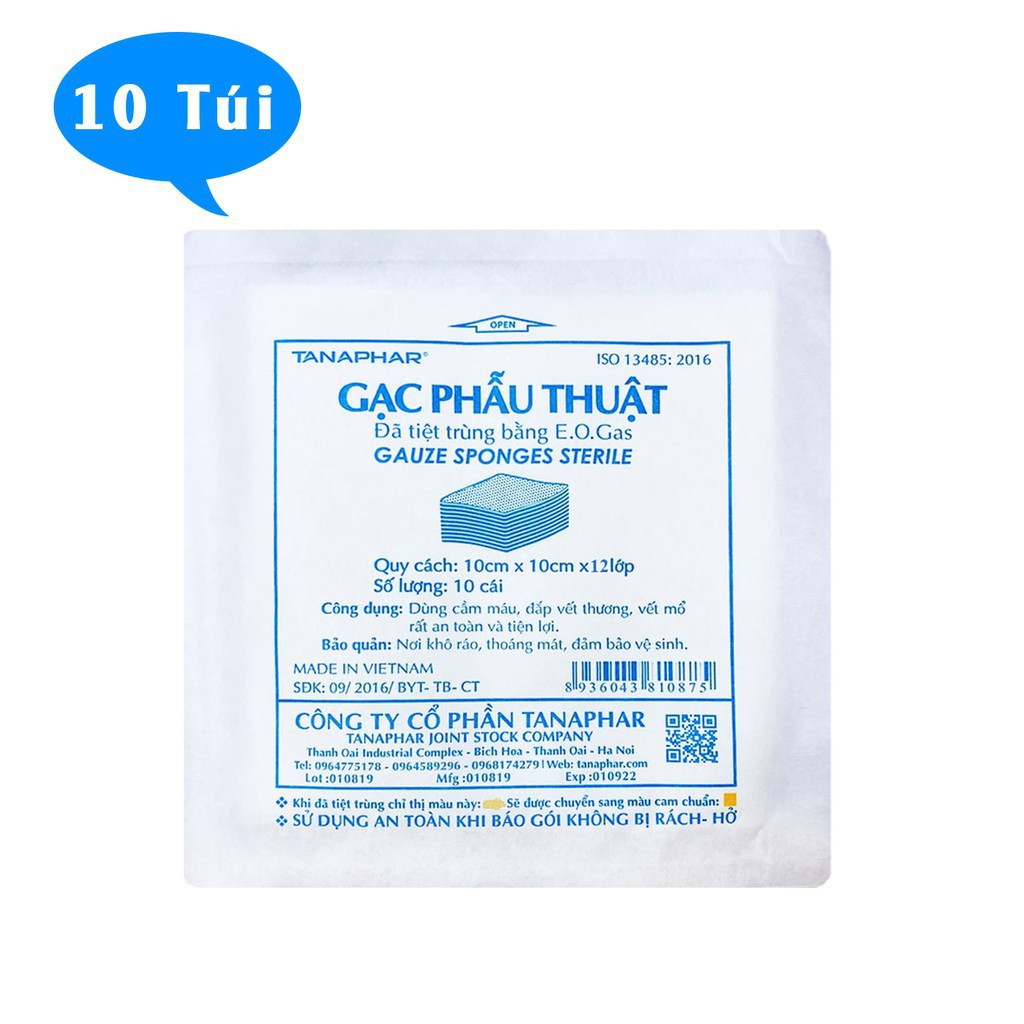 Gạc phẫu thuật tiệt trùng Tanaphar 8 lớp 10x10x8 (bịch 10 gói 10 miếng)