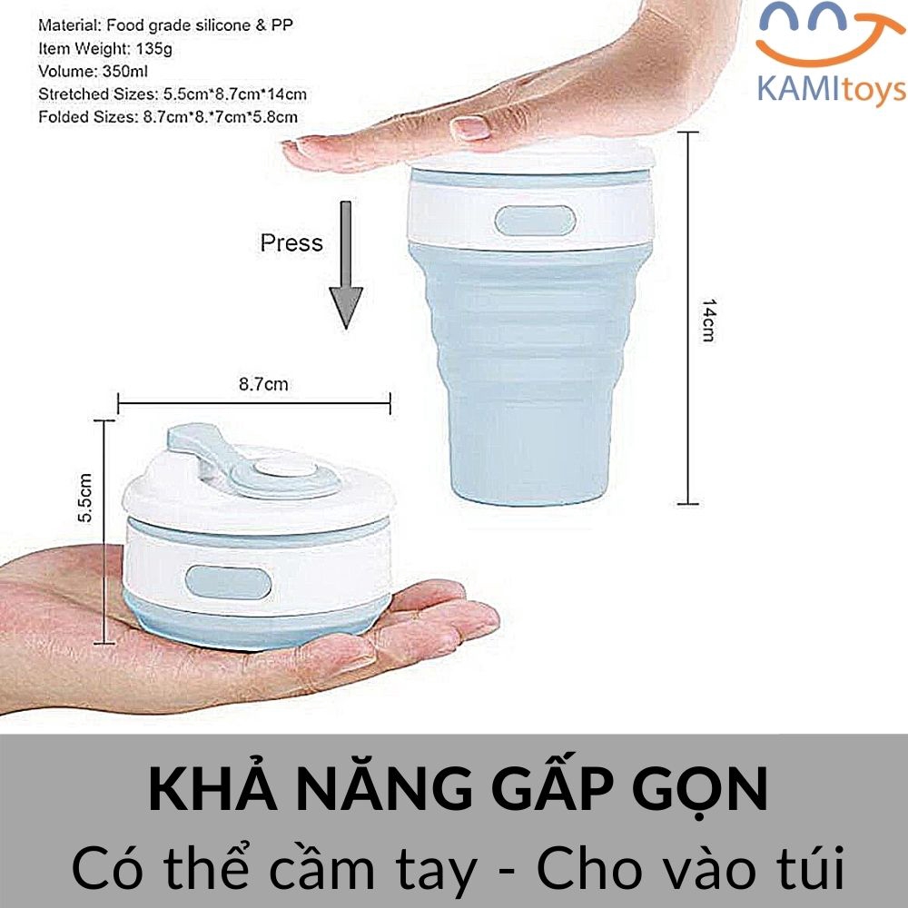 Ly gấp gọn chịu nhiệt có nắp và ống hút 350ml chất liệu Silicone an toàn và chịu nhiệt mã 22012