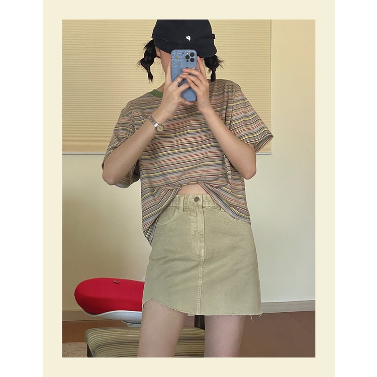 Áo Thun Nữ Ngắn Tay Cổ Tròn Sọc Ngang Thời Trang