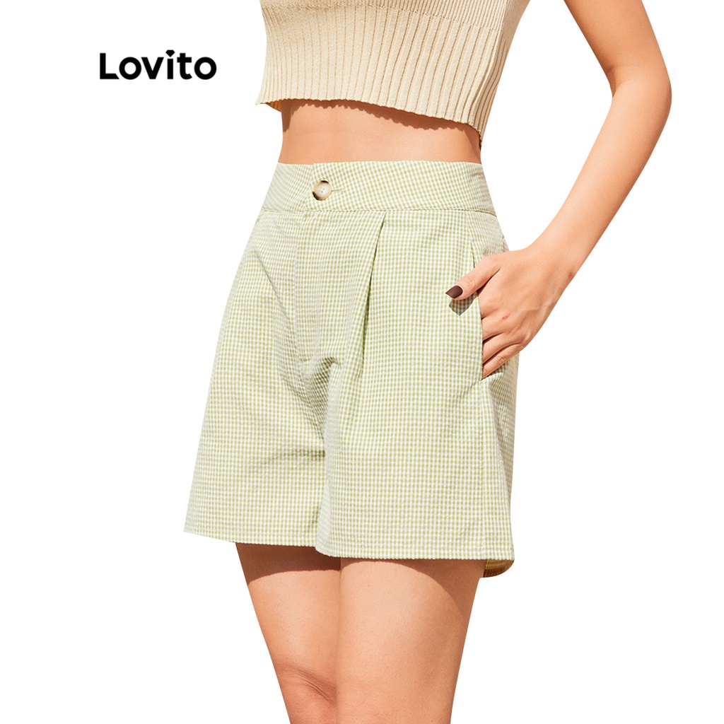 Quần short Lovito họa tiết caro phối túi phong cách thường ngày L12D20 (Màu xanh lá)