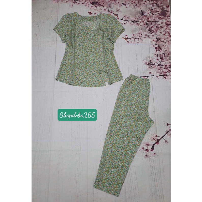Đồ bộ nữ,đồ ngủ mặc nhà lửng 9 tấc vải lụa hoa nhí cổ lệch đính cườm dễ thương.