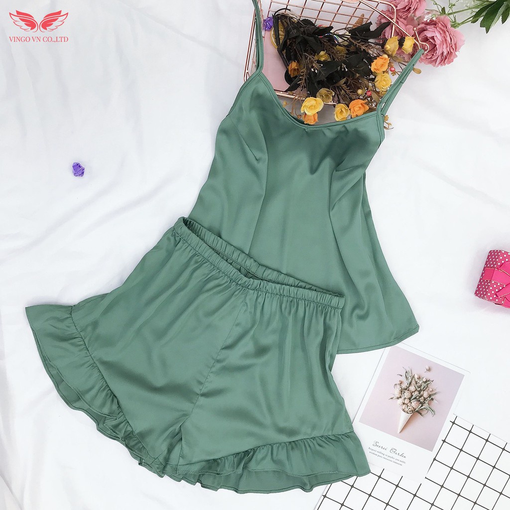 Đồ Bộ Nữ Mặc Ngủ Ở Nhà VINGO pyjama Lụa Pháp Trơn Cao Cấp Áo 2 Dây Quần Cộc Dáng Xòe Nữ Tính Mùa Hè Thoáng Mát N248 VNGO