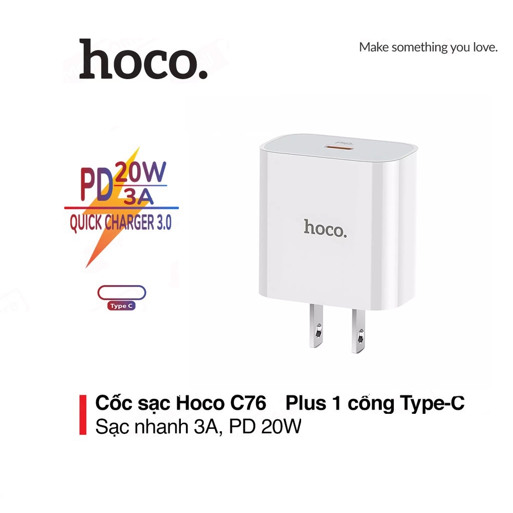 Củ sạc nhanh 3A/ PD20W Hoco C76 Plus 1 cổng Type-C - Chính hãng bảo hành 12T
