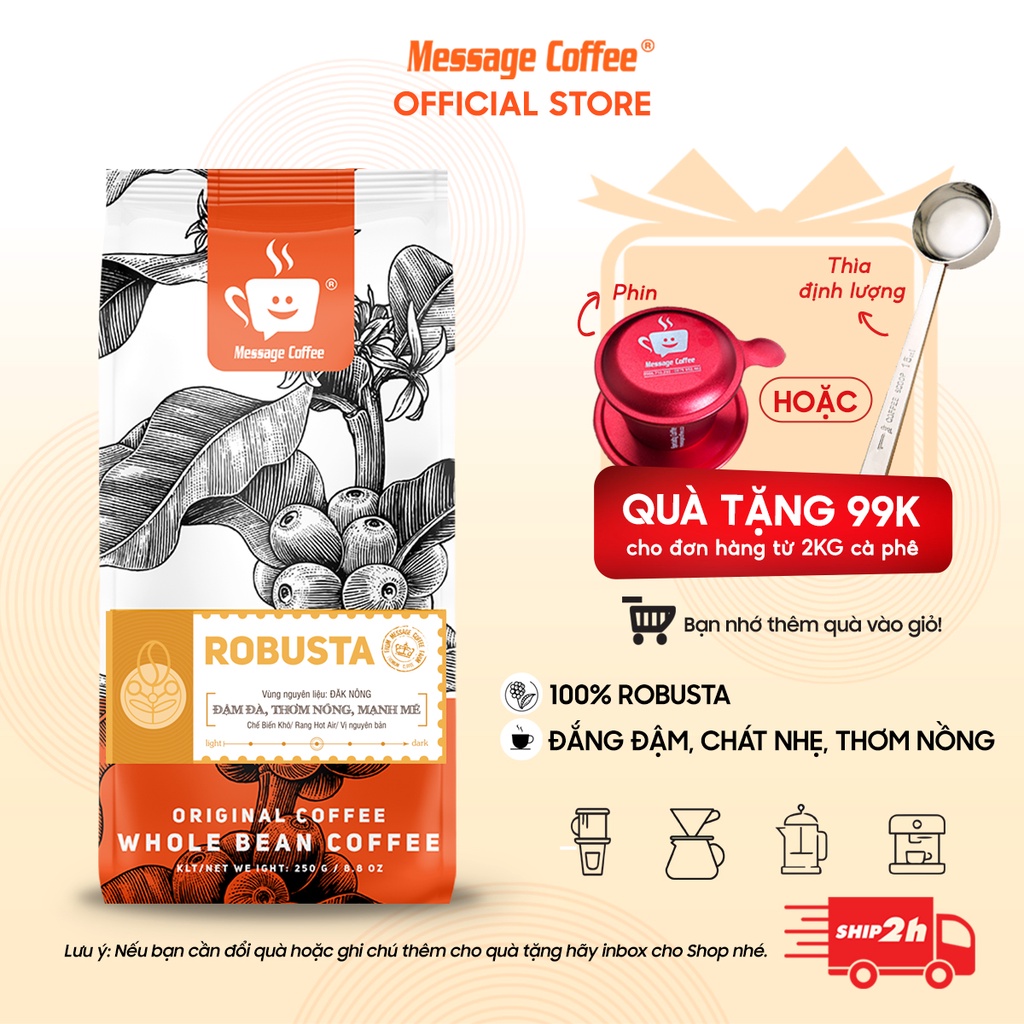 [TẶNG PHIN] COMBO 2kg ROBUSTA - 500g hạt,bột - 100% cafe mộc  nguyên chất, pha phin máy, ngon rẻ từ Message Coffee