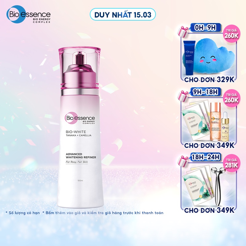 Nước cân bằng da trắng hồng Bio-Essence Bio-White Advanced Whitening Refiner chiết xuất Tanaka & Camellia 100ml