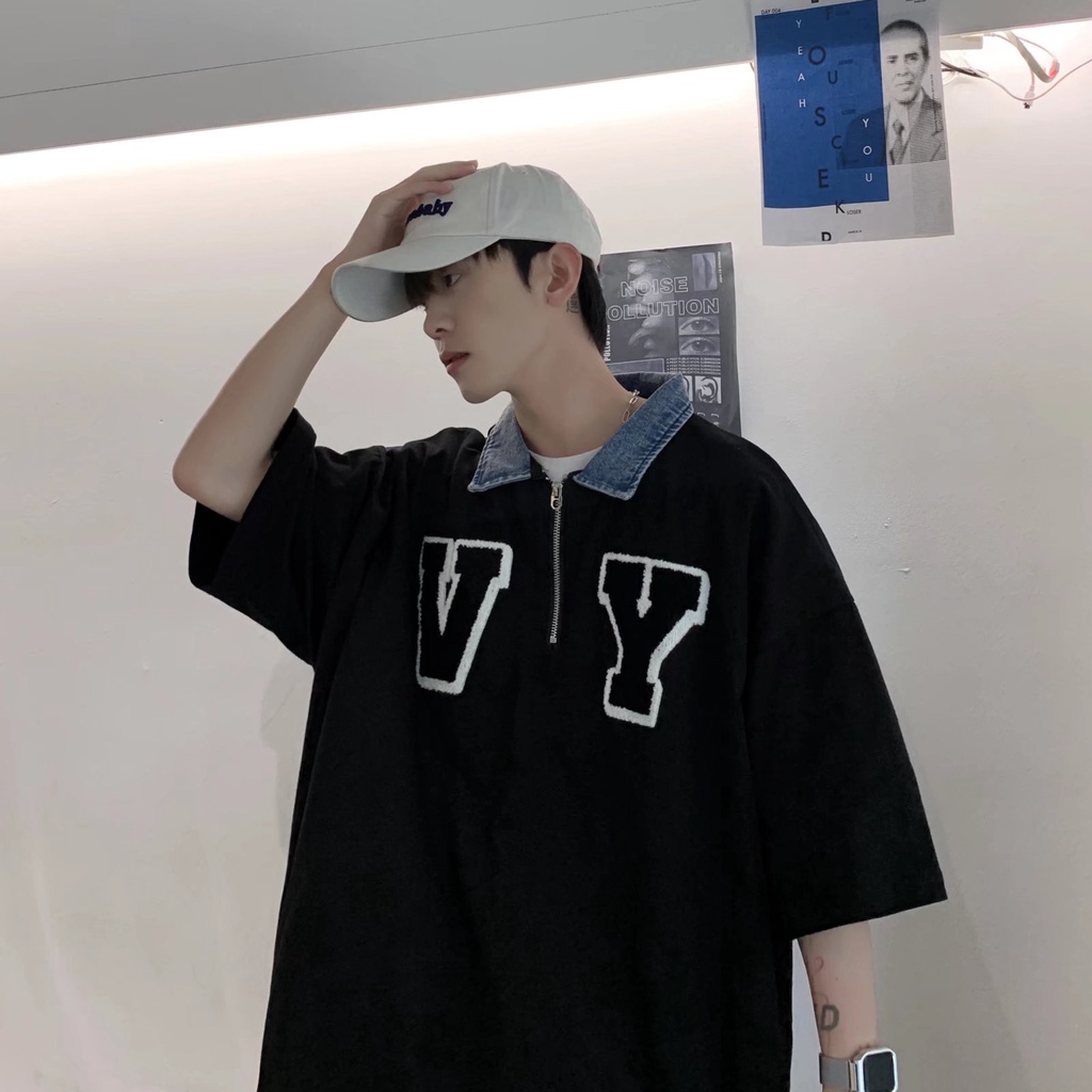 Áo Thun Tay Ngắn Cổ Polo Chất Liệu Denim Có Khóa Kéo In Chữ Phong Cách Hàn Quốc Cho Cặp Đôi