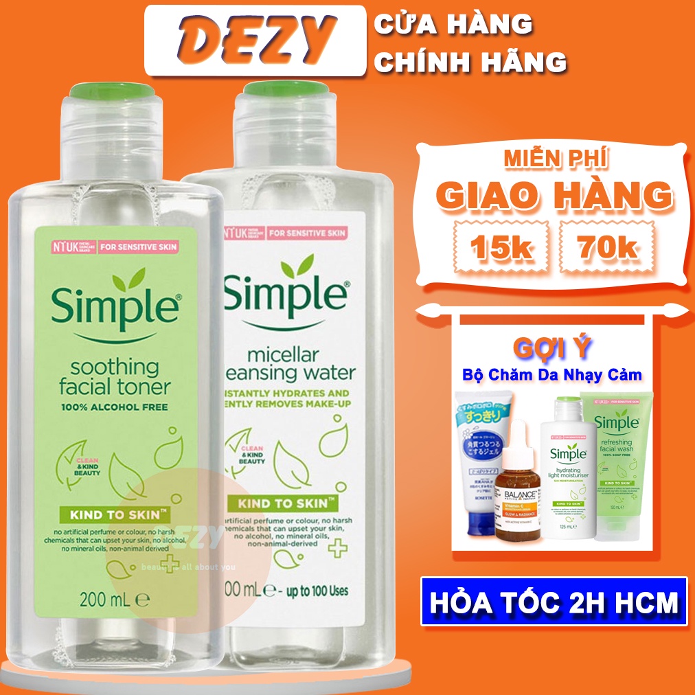 Combo Nước Tẩy Trang Simple Và Toner Nước Hoa Hồng Chính Hãng - Micellar Wtater + Toners Cho Da Dầu Mụn Skincare Dezy