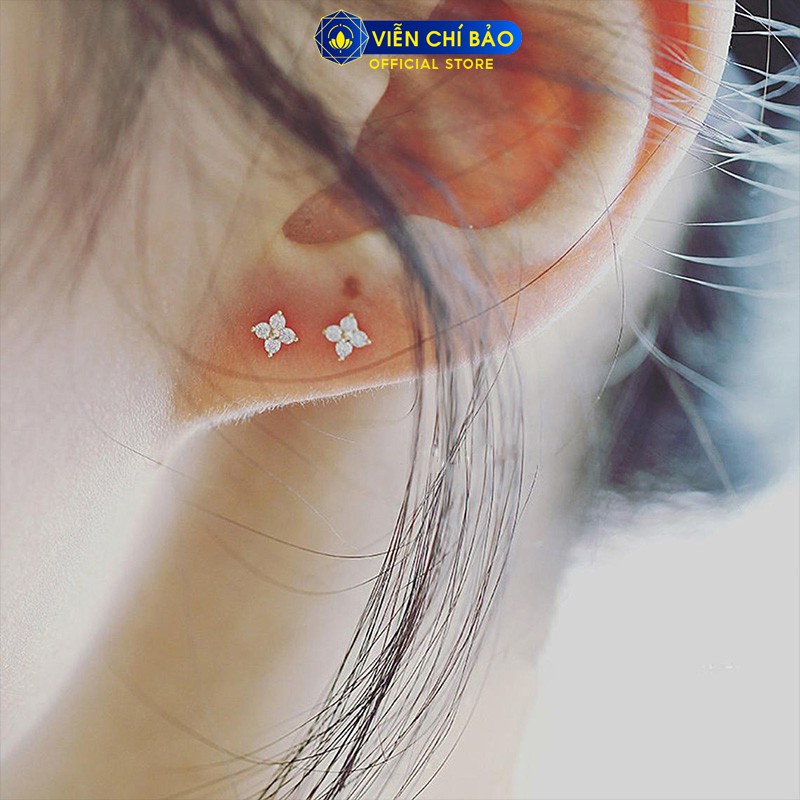 Bông tai bạc nữ hoa bốn cánh đính đá chất liệu bạc 925 thời trang phụ kiện trang sức nữ Viễn Chí Bảo B400151