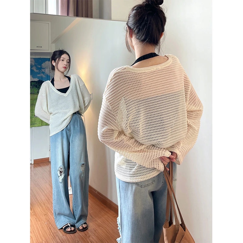 COZOK Bộ Áo Tay Dài Dáng Rộng Cổ Chữ v + Quần Dài Cá Tính Quyến Rũ Cho