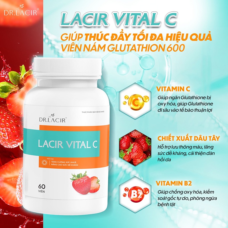 Viên Uống Vitamin C hỗ trợ tăng miễn dịch, giúp hấp thu glutathione và collagen DR.LACIR - Hộp 60 viên DR130