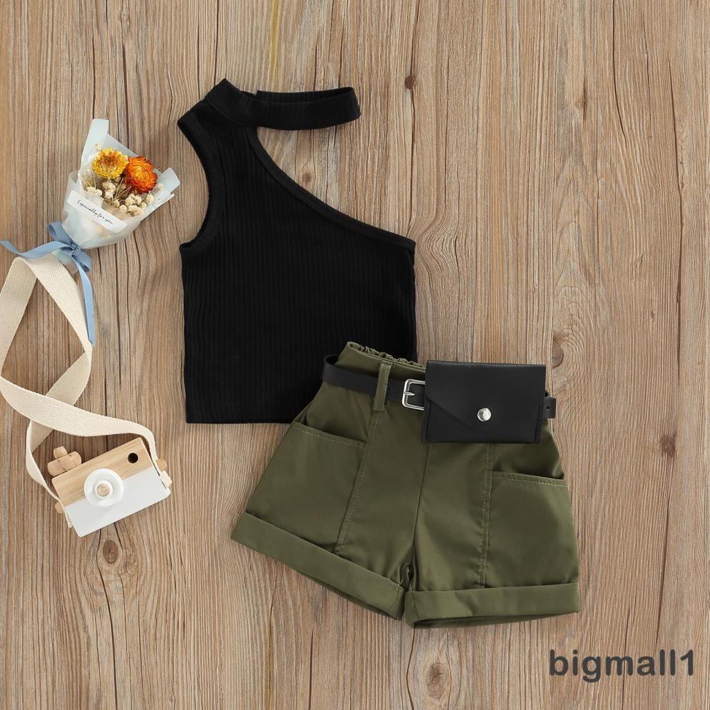 BIGMALL-6months-4years Baby Girl Tanks Tops + Shorts + Waist Bag, Pockets Decoration Casual Style Summer Clothing Set