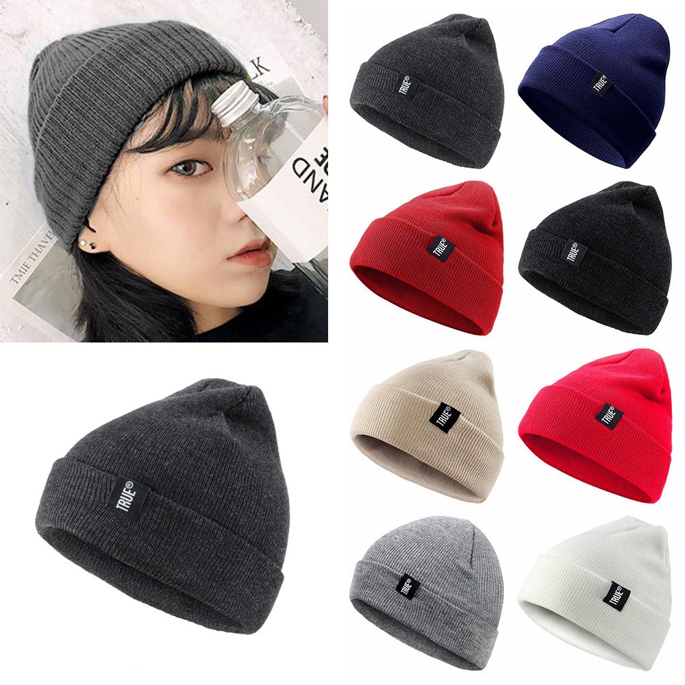 Mũ beanie dệt kim màu trơn giữ ấm mùa đông phong cách cổ điển cho nam nữ