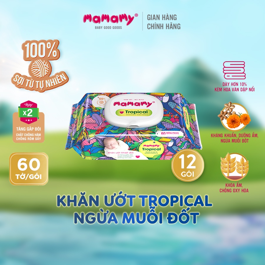 Combo 12 Khăn giấy ướt 100% sợi tự nhiên và rayon Mamamy Tropical Tinh dầu cúc vạn thọ/Không mùi 60 tờ