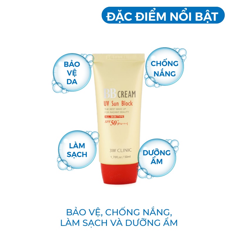 Kem nền trang điểm - Kem che khuyết điểm chống nắng BB Cream UV Sun Block 3W Clinic Hàn Quốc 50ml