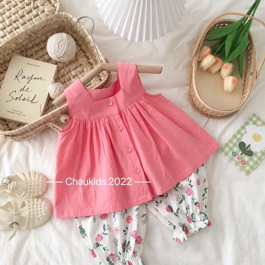 XẢ HÀNG Bộ cộc tay bé gái, bộ hai dây áo babydoll sát nách chất đũi cổ vuông 3 màu phối quần hoa nhí dáng Alibaba cho bé