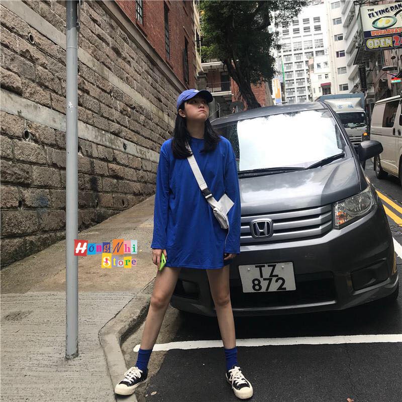Áo Thun Tay Dài Trơn Long Tee Ulzzang Unisex Nam Nữ Dáng Rộng Màu Xanh Dương Đậm Coban - MM