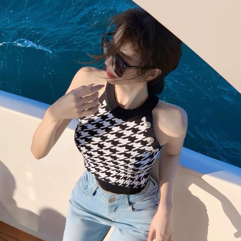 Áo  yếm len sexy hoạ tiết ziczac viền khuy, Áo kiểu dáng ôm body AL6042 - NhiNhi Shop