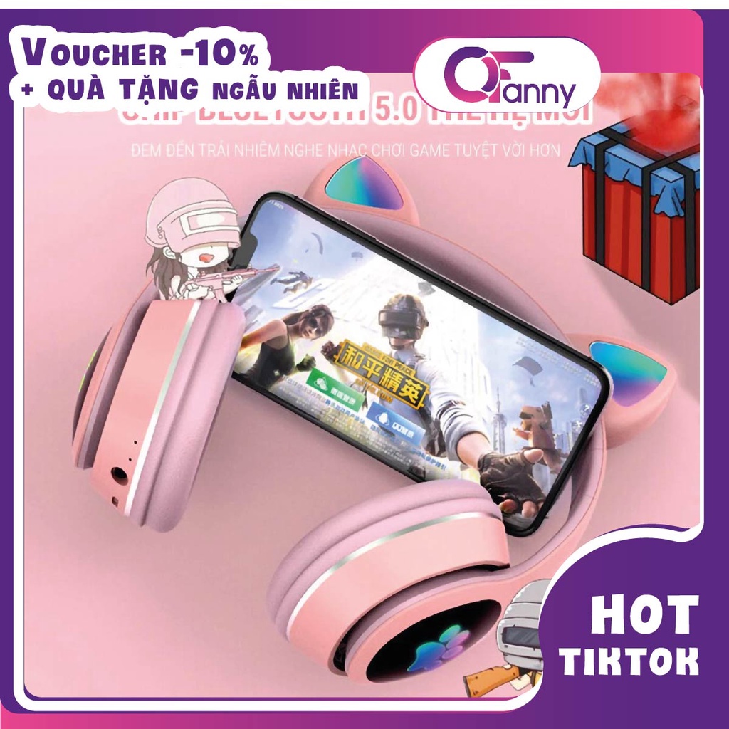 TAI NGHE CUTE BLUETOOTH KIỂU TAI MÈO CHƠI GAME KHÔNG DÂY ĐÈN LED - Ofanny