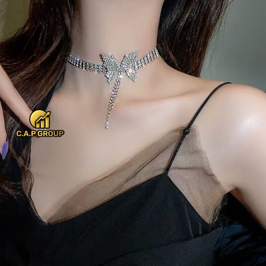 Vòng cổ choker khuyên tai nữ hình Bướm đính đá lấp lánh kim cương nhân tạo - 0III5-0VII0