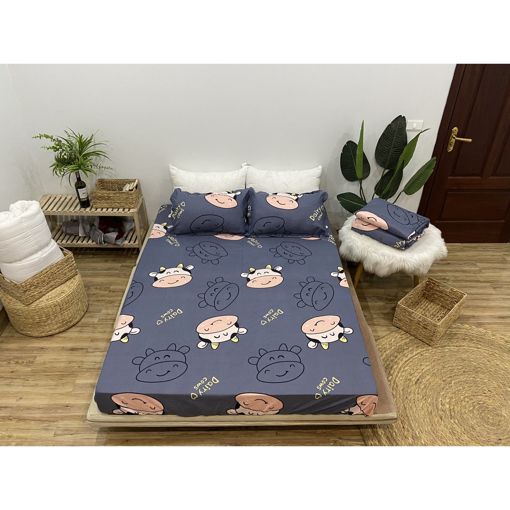 SET GA CHUN VÀ 2 VỎ GỐI NẰM COTTON POLY NGOCANHBEDDING HOT NHẤT HÈ 2021 MẪU BÒ SỮA XANH THAN