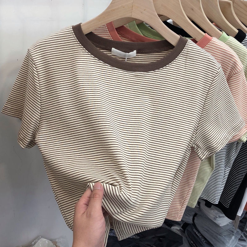 Áo thun cotton tay ngắn họa tiết kẻ sọc phong cách Hàn Quốc thời trang mùa hè 2022 dành cho nữ