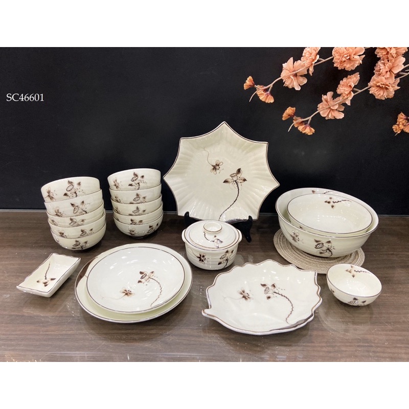 Bộ Bình Nước Men Kem Vẽ Tay Sen Chuồn Ca Cốc Sứ Uống Nước/Hũ Có Nắp Sứ Bát Tràng