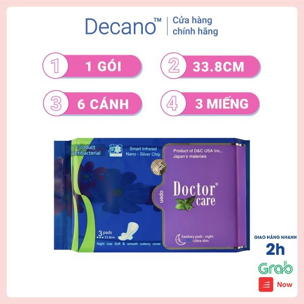 Băng vệ sinh thảo dược Doctor Care ban đêm gói 3 miếng 33.8cm 2 lớp chống tràn an toàn cho mọi tư thế nằm Decano Store