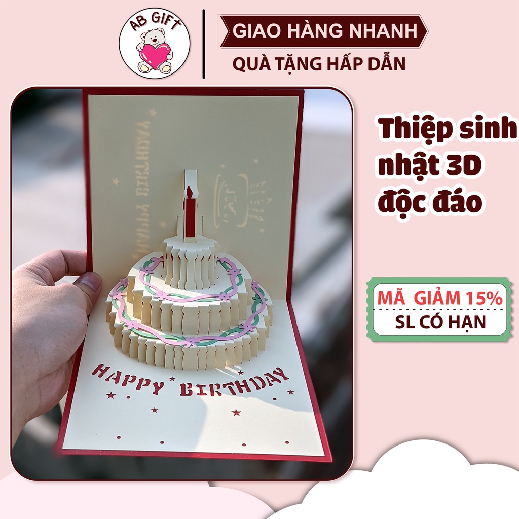 Thiệp chúc mừng sinh nhật hoạt tiết nổi bánh kem 3D đẹp độc đáo kèm phong bì