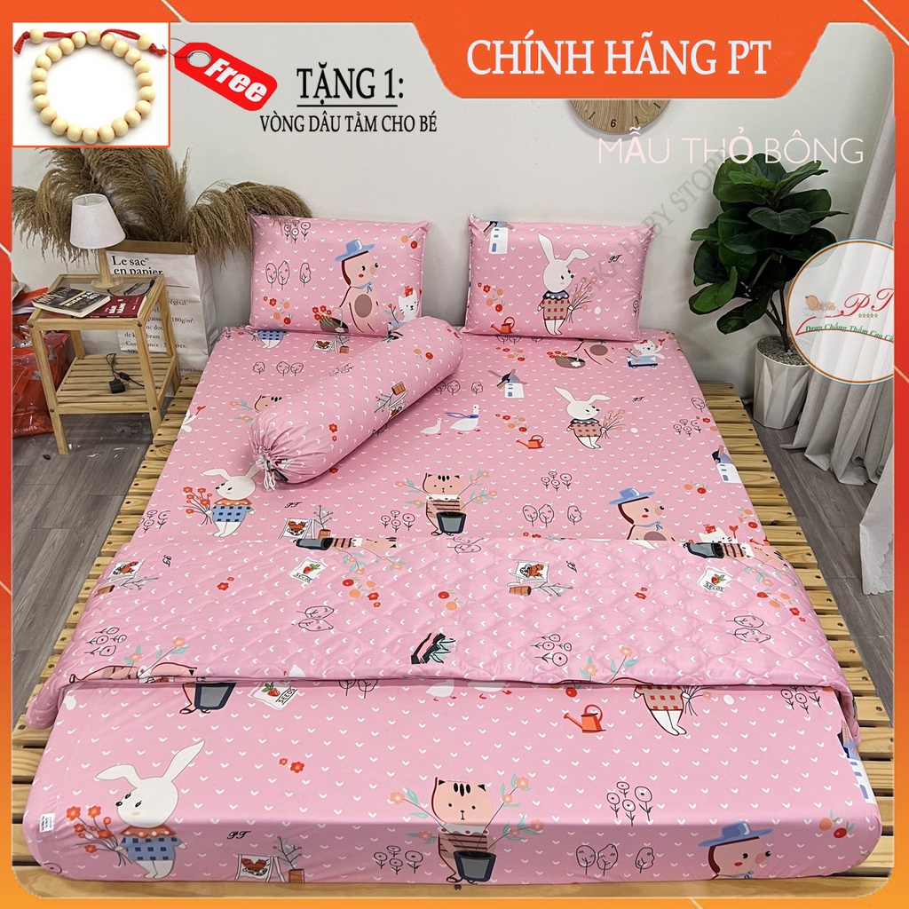Bộ ga chống thấm chính hãng PT kèm vỏ gối cao cấp chất liệu thun lụa Organic an toàn với trẻ sơ sinh (mẫu thỏ bông)