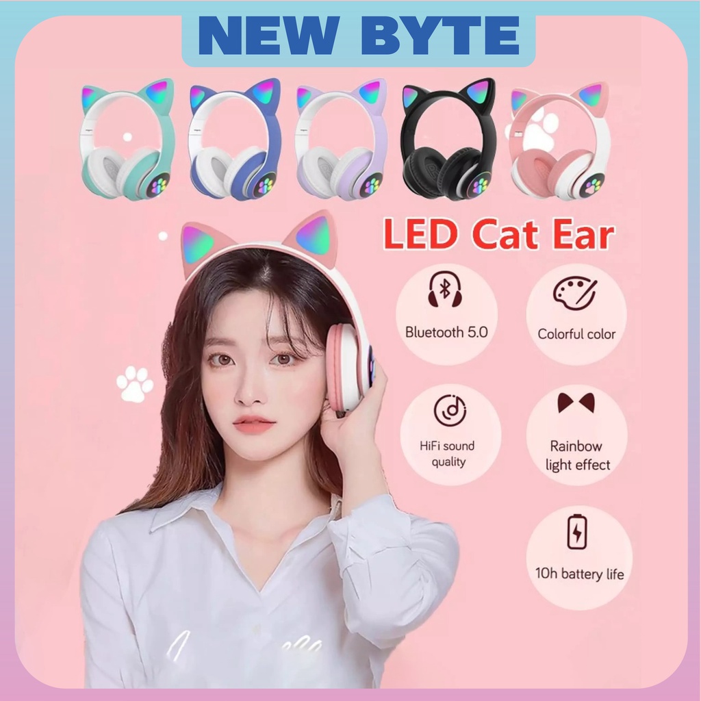 Tai nghe bluetooth chụp tai STN 28, tai nghe mèo không dây 7 màu sắc có tích hợp bluetooth 5.0 giảm độ trễ khi chơi game