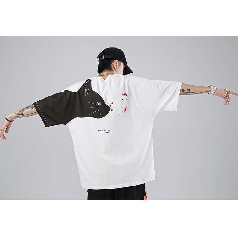 &lt; FREESHIP &gt; Áo thun tay lỡ nam nữ in mèo bướm thun cotton 3 màu lựa chọn