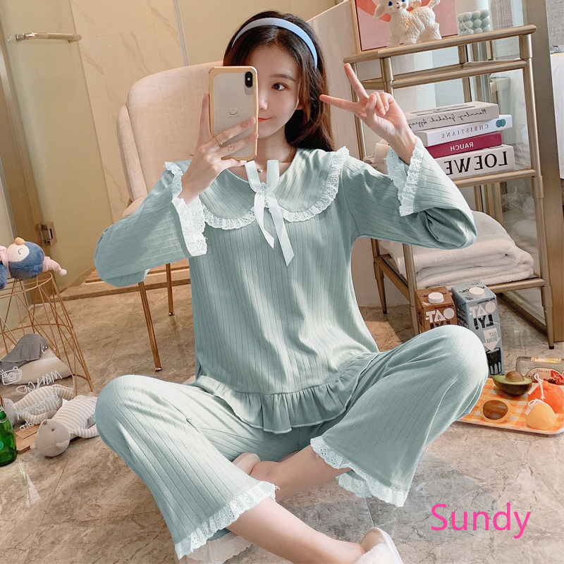 Set pyjama cotton màu trơn thu đông cho nữ