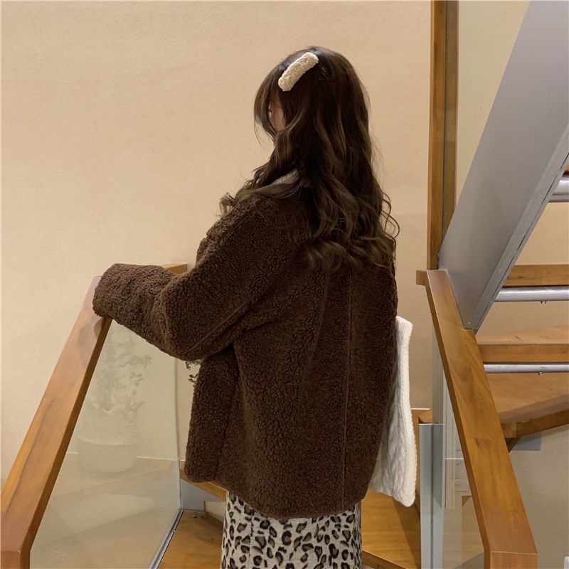 Áo Khoác Len Lông Cừu Tay Dài Cổ Búp Bê Màu Sắc Tương Phản Phong Cách Hàn Quốc Dành Cho Nữ